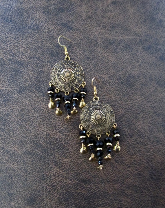 Black and gold chandelier earrings, gypsy crystal dangle earrings