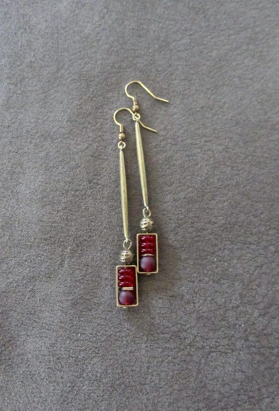 Bronze and glass dangle earrings, artisan ethnic earrings, simple chic