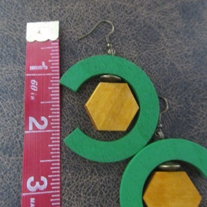 Wooden earrings, statement geometric earrings, green earrings, hexagon earrings image 2
