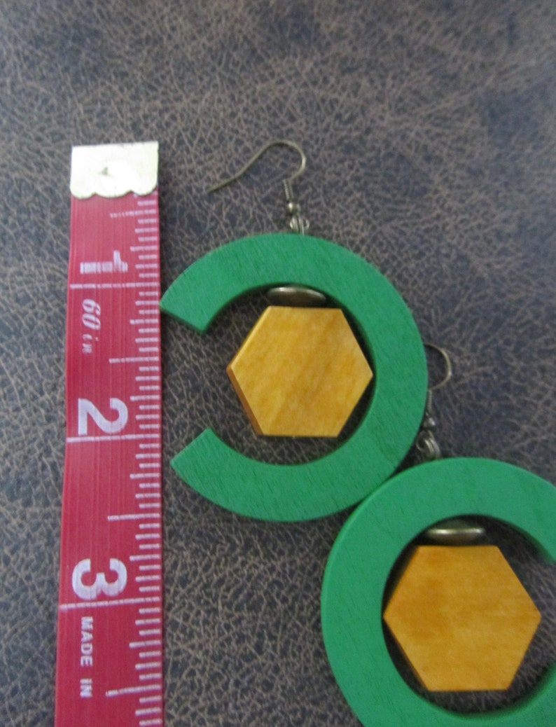 Wooden earrings, statement geometric earrings, green earrings, hexagon earrings image 2