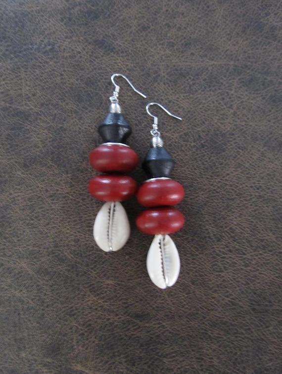 Bold chunky cowrie shell and red wooden earrings