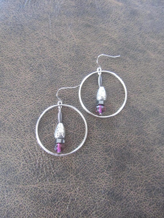 Purple crystal and silver hoop earrings