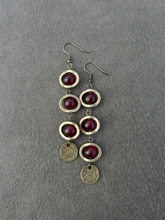 Long bohemian red frosted glass and bronze earrings