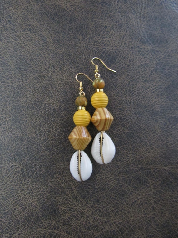 Chunky wood and cowrie shell earrings, yellow