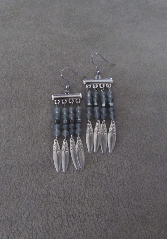 Gray frosted glass and gunmetal chandelier earrings