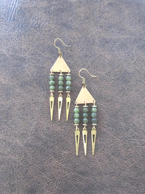 Jade and brass chandelier earrings