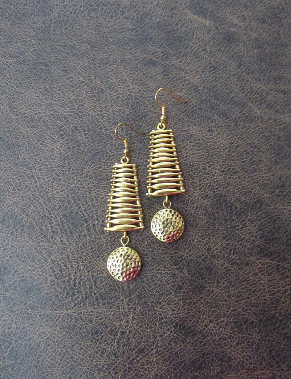 Brass animal print earrings, geometric mid century modern earrings, ethnic tribal earrings, chic