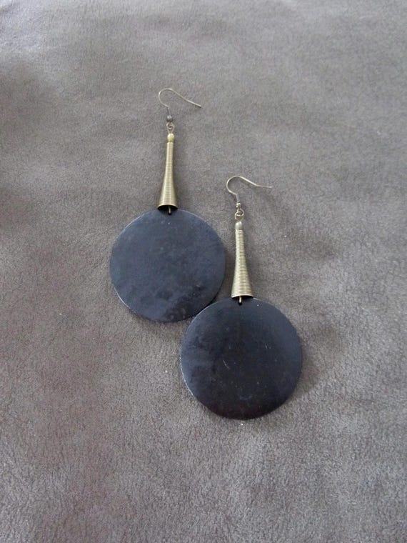 Large Black Wood Earrings: Antique Bronze Afrocentric Boho Style
