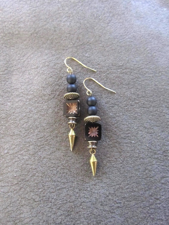 Bronze and black Czech glass earrings