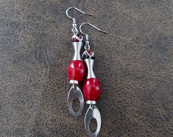 Red and silver dangle earrings