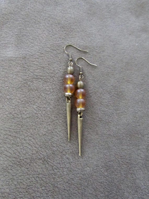 Orange sea glass earrings, minimalist earrings, tribal ethnic earrings, bold earrings, long geometric earrings, modern statement earrings