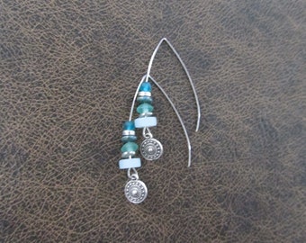 Sea glass earrings, bohemian earrings, silver boho earrings, blue dangle earrings, artisan ethnic earring, simple chic earrings