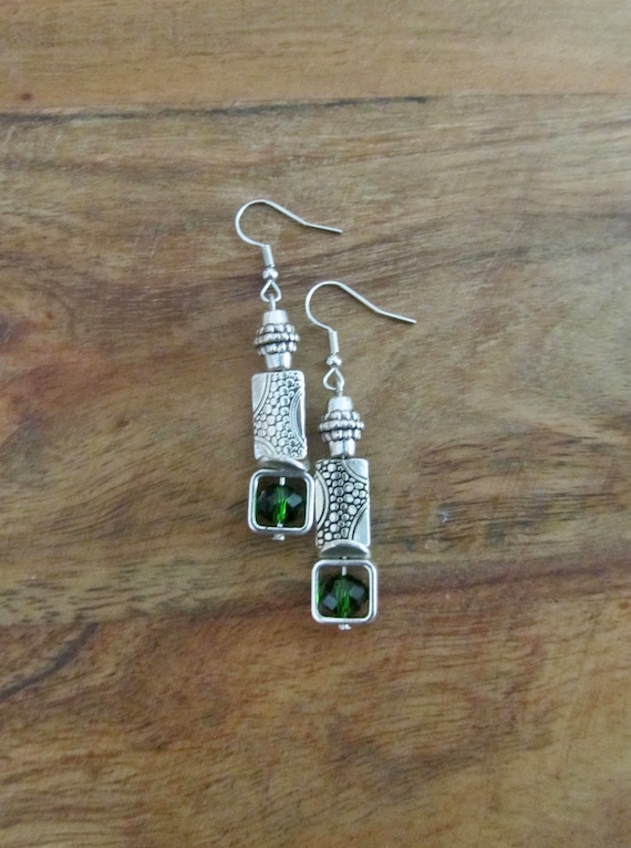 Silver and green crystal earrings