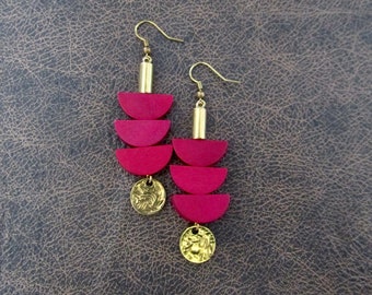 Red wooden earrings, mid century modern earrings, unique pagoda earrings, gold