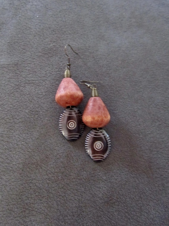 Carved bone and wooden earrings