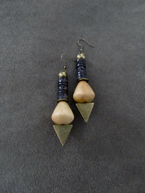 Oversized carved wooden geometric mid century modern earrings