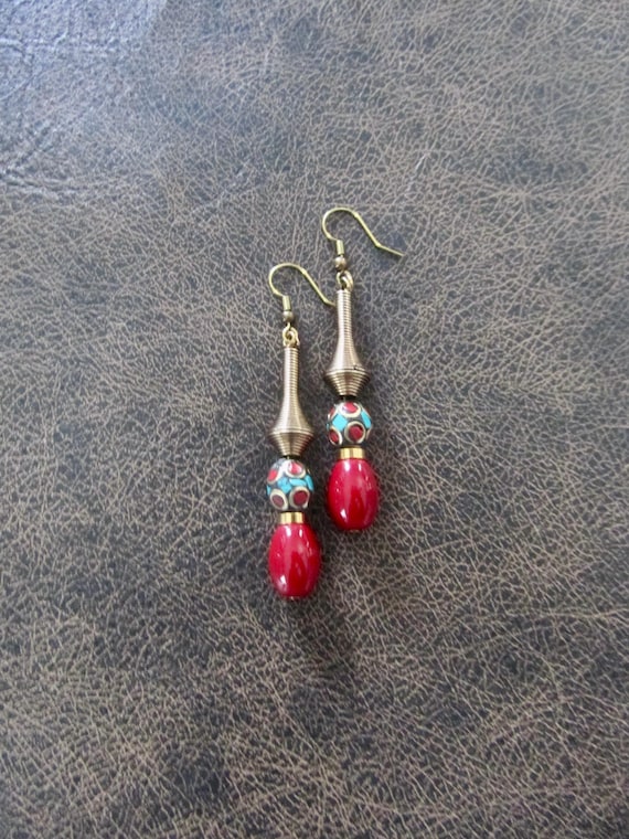 Indonesian brass and gemstone inlay nepal tibet earrings 2