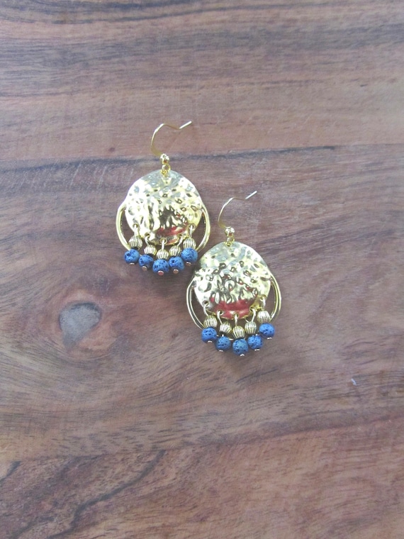 Chandelier earrings, hammered gold and teal lava rock