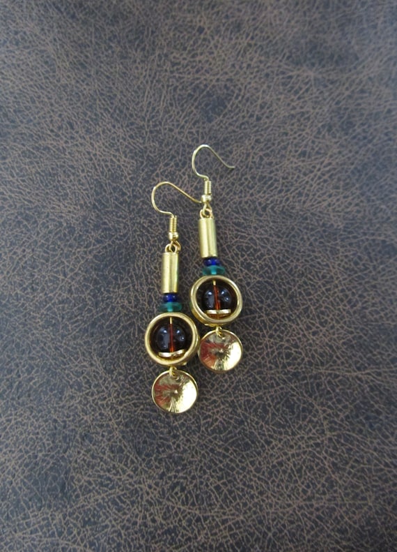 Mid century modern earrings, multicolor glass and gold earrings