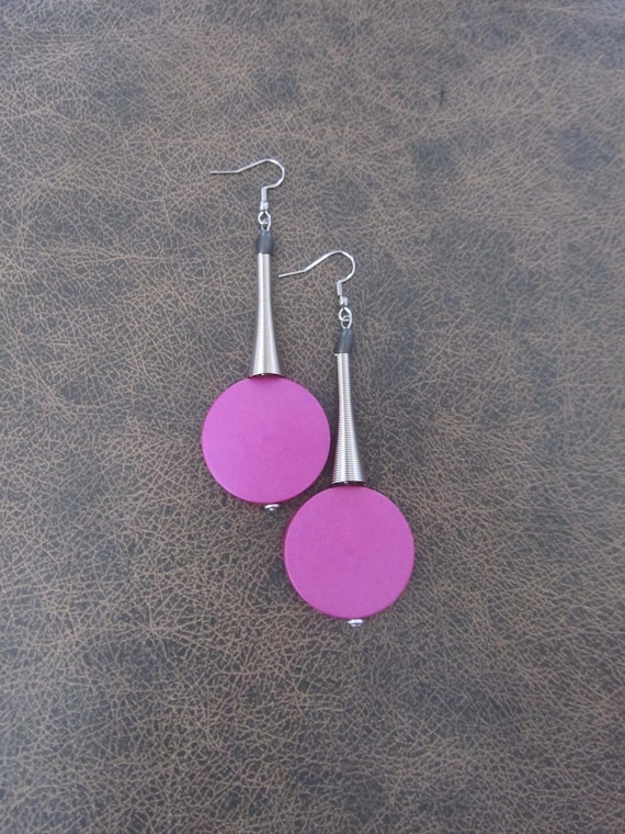 Large silver chunky statement earrings, pink