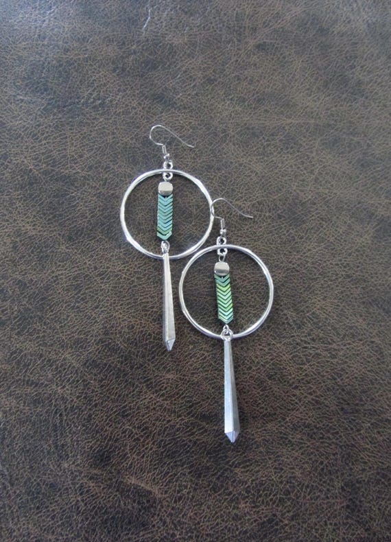 Silver and hematite hoop earrings