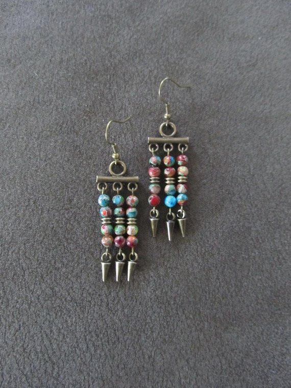 Multicolor Imperial Jasper and bronze chandelier earrings