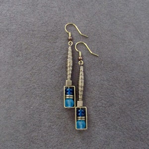 Bronze and teal glass dangle earrings, artisan ethnic earrings, simple chic