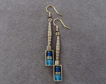 Bronze and teal glass dangle earrings, artisan ethnic earrings, simple chic