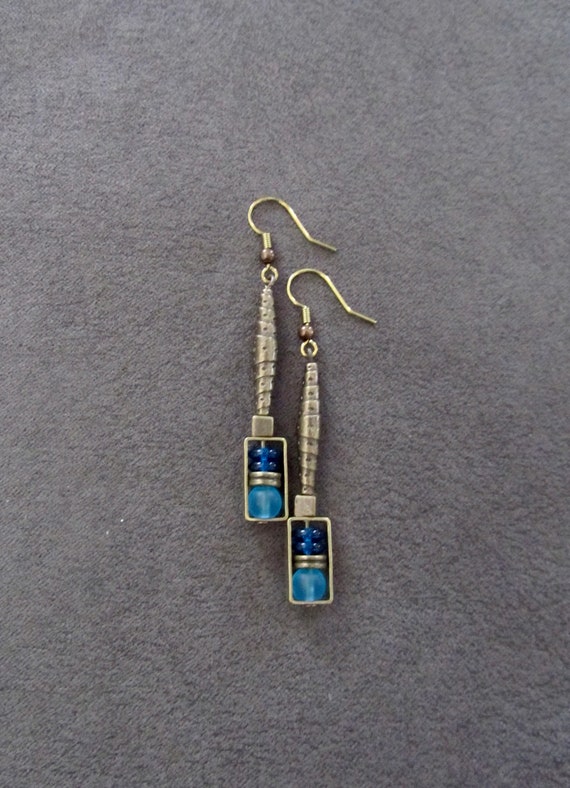 Bronze and teal glass dangle earrings, artisan ethnic earrings, simple chic