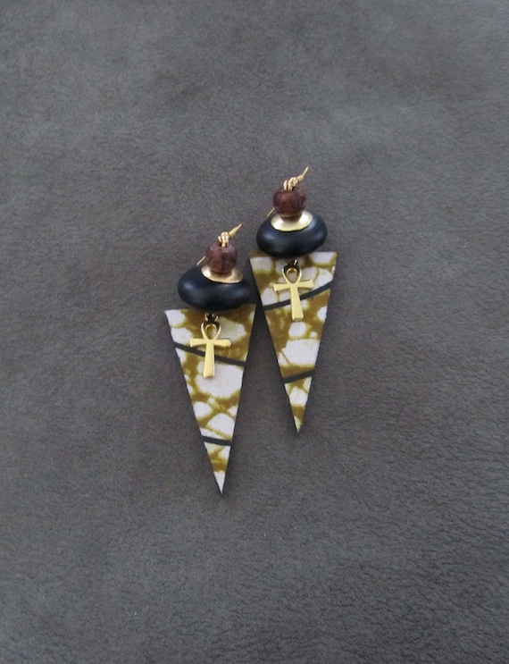 African print earrings, Ankara earrings, wood earrings, bold statement earrings, Afrocentric earrings, triangle batik earrings, ankh