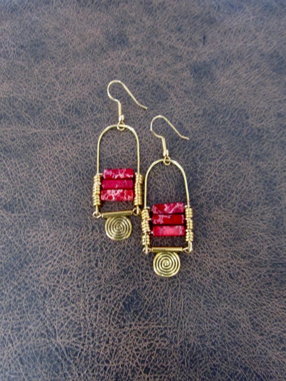 Red Imperial Jasper Chandelier Earrings: Tribal Boho Style gold