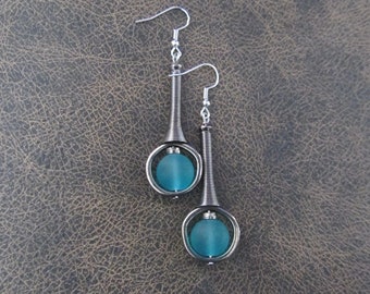 Mid century modern earrings teal frosted glass and gunmetal earrings