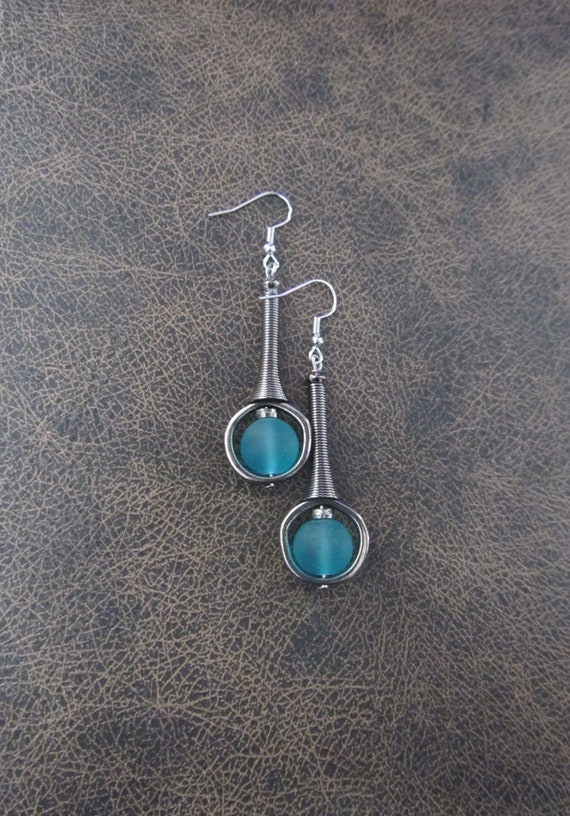 Mid century modern earrings teal frosted glass and gunmetal earrings