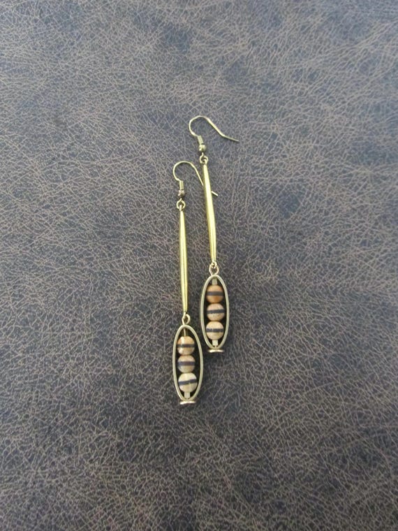 Industrial modern Tibetan agate and brass earrings