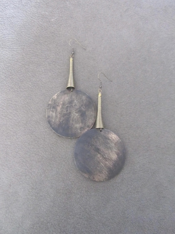 Large Stained Wood Earrings: Antique Bronze Afrocentric Boho Style 2