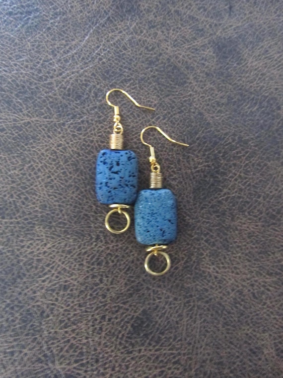 Teal lava rock and gold mid century modern earrings