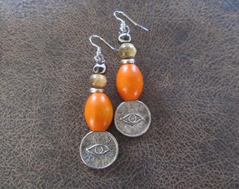 Egyptian African, orange, Afrocentric eye of Horus earrings, mythology, kemetism