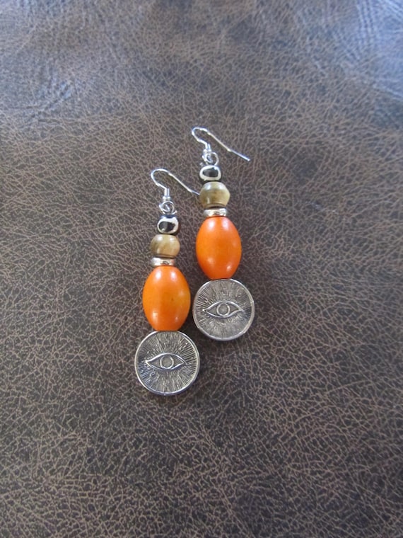 Egyptian African, orange, Afrocentric eye of Horus earrings, mythology, kemetism