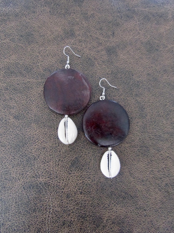 Upcycled large bold wooden and cowrie shell earrings