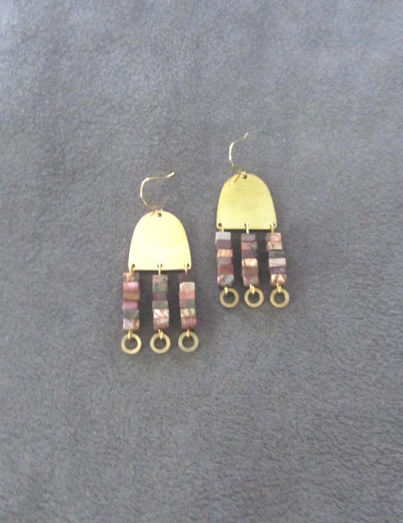 Brown jasper and stainless steel chandelier earrings