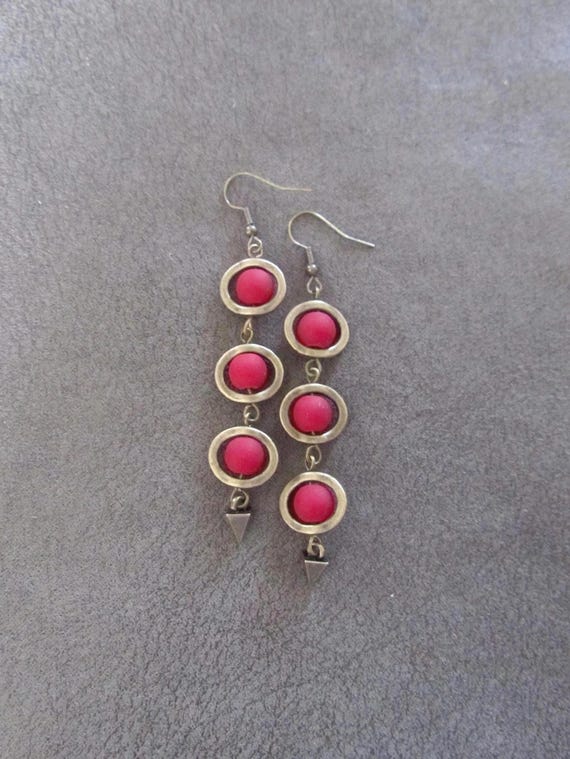 Long bronze dangle earrings, red