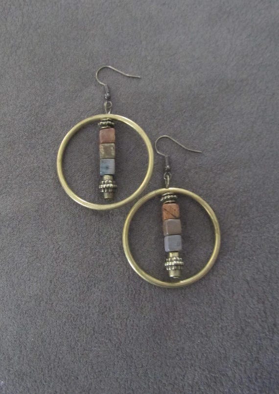 Antique brass and earth toned jasper hoop earrings