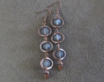 Long gray frosted glass  and copper earrings