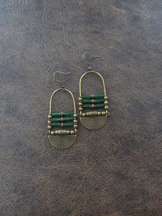Bronze ethnic green frosted glass earrings