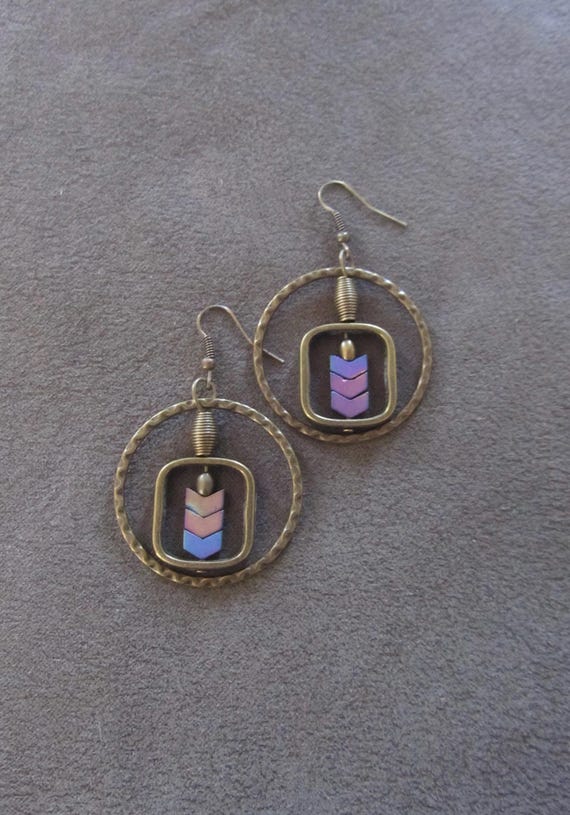 Hammered bronze hoop and geometric earrings