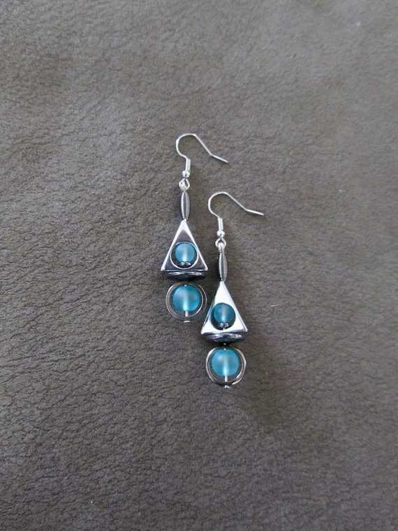 Blue frosted glass and gunmetal geometric earrings