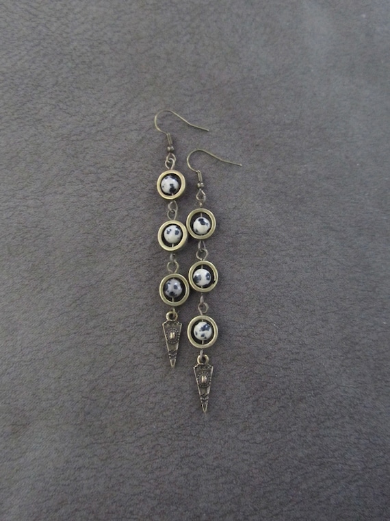 Dalmatian jasper and bronze dangle earrings