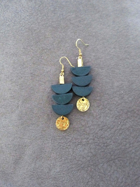 Green Wooden Beaded Earrings: Mid Century Modern Gold Accent