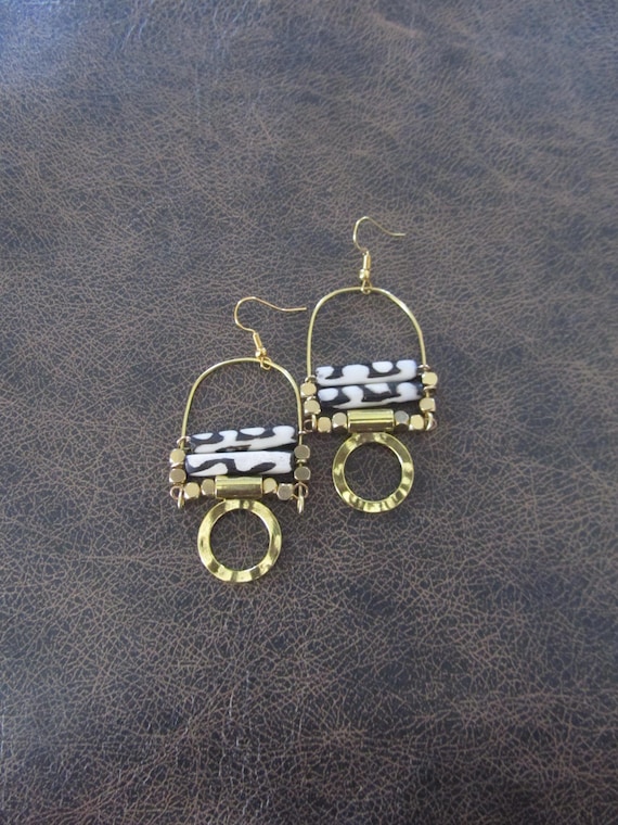 Afrocentric Chandelier Earrings: Batik Bone Beads, Gold Hooks