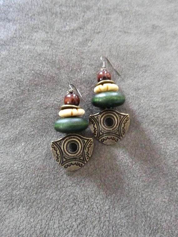 Large etched bronze ethnic earrings